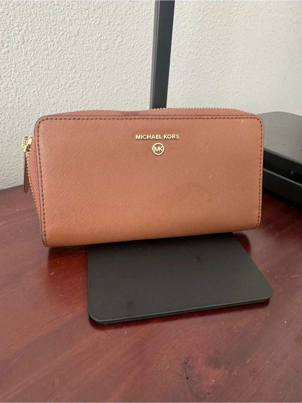 Michael Kors Cognac Brown Saffiano Zip Wallet with Gold Hardware